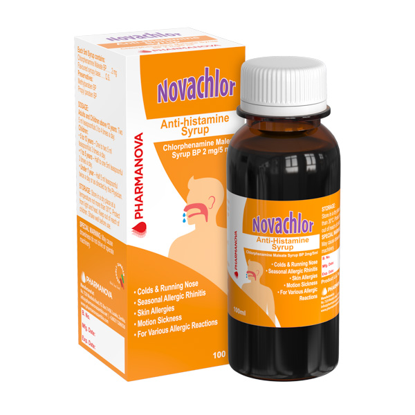 Novachlor Anti-Histamine Syrup 100ml carton and bottle