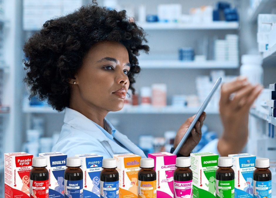 Pharmanova's rebranded syrup range in a pharmacy